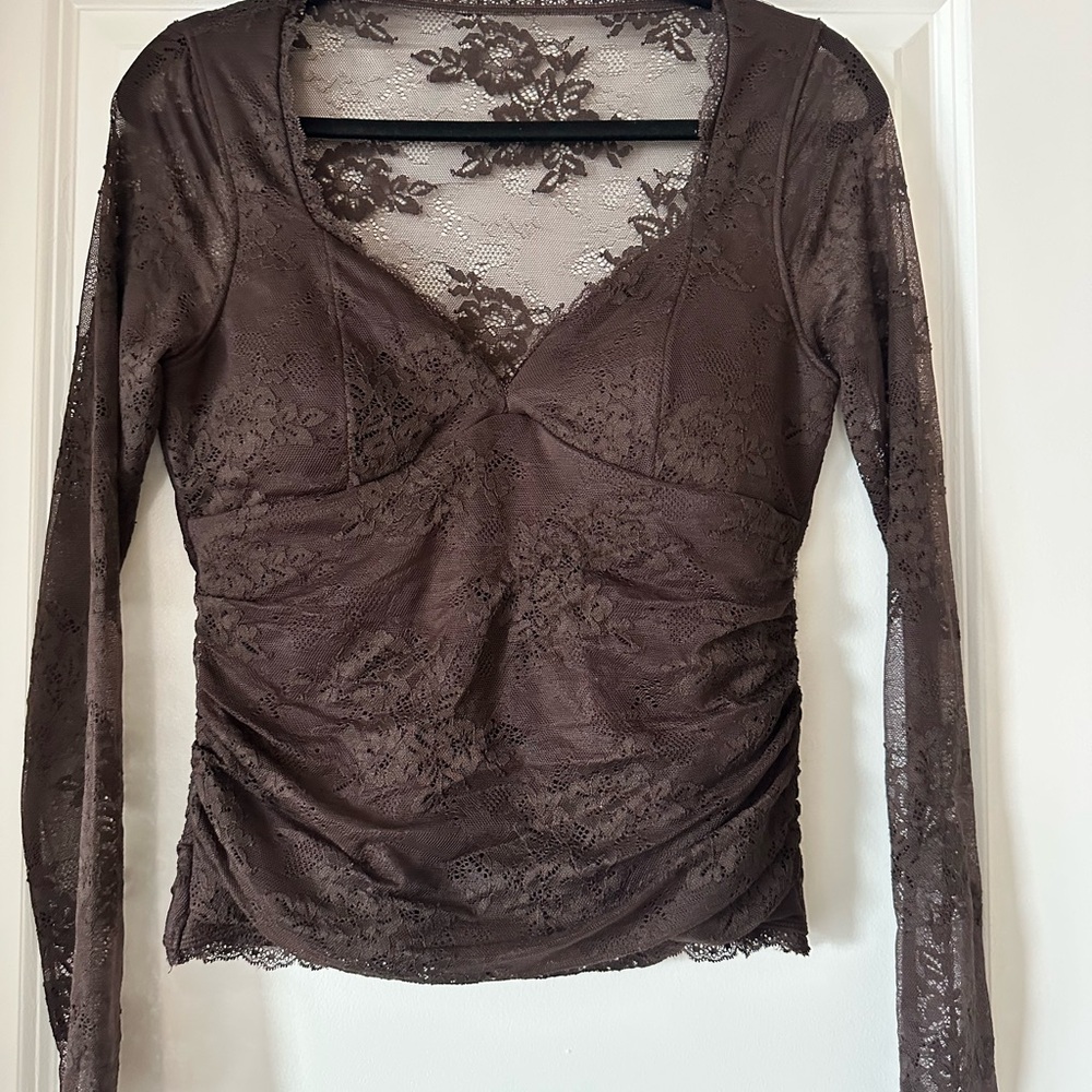 Abercrombie & Fitch Brown Lace V-Neck Long Sleeve Top